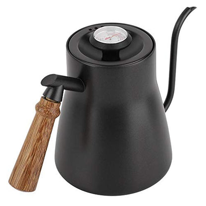 Fdit Coffee Kettle with Thermometer, 850ml Stainless Steel Drip Kettle, Wooden Handle, PTFE Coating, Black