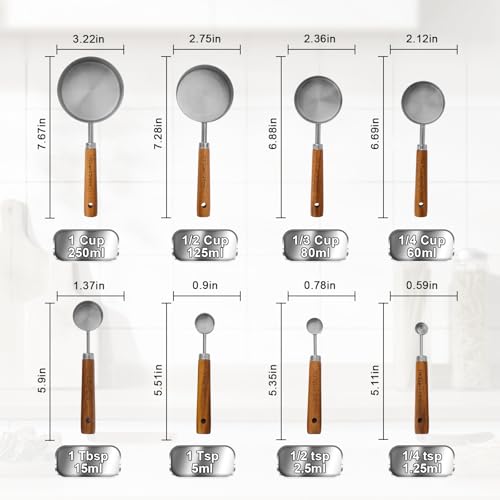 Measuring Cups and Spoons Set,Premium Stainless Steel Measuring Cups and Spoons Set with Wood Handle, 8-Pieces Kitchen Essentials for Baking, Coffee with Ergonomic Grip & Engraved Markings(Silver8) - color: Silver8