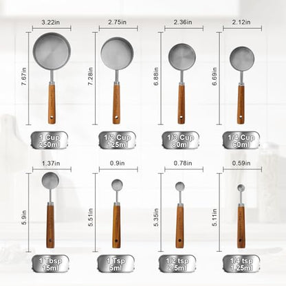 Measuring Cups and Spoons Set,Premium Stainless Steel Measuring Cups and Spoons Set with Wood Handle, 8-Pieces Kitchen Essentials for Baking, Coffee with Ergonomic Grip & Engraved Markings(Silver8) - color: Silver8