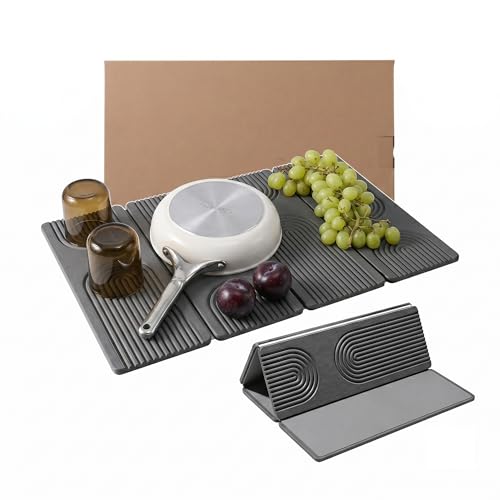 Large Stone Dish Drying Mat for Kitchen Counter,Collapsable Stone Dish Drying Mat with Diatomaceous Earth for Quick Drying-Ultra Absorbent-Eco-Friendly,Foldable -23.6"×15.7" Dark Gray Curved Grooves - color: HXDK-Dark Grey