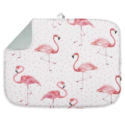 Sanwarm Absorbent Dish Drying Mat, Summer Hawaiian Tropical Pink Flamingo Microfiber Pad for Kitchen Counter, Coffee Bar Decor, Heat Resistant and Reversible, 16" x 18" - color: Flamingo, size: 16" x 18"