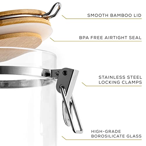 JoyJolt Glass Jars With Bamboo Lids (12 fl oz). 2PC Set of Airtight Storage Jars with Clamp Lids for Pantry Food Storage. Air Tight Sealable Glass Canisters Containers for Kitchen Organization