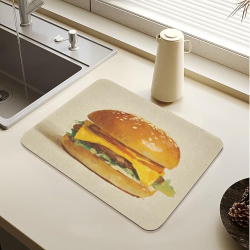 Burger Cheese Lettuce Beige Dish Drying Mat for Kitchen Counter Highly Absorbent Coffee Bar Mat Heat Resistant Dish Rack Pad for Sink Utensils Draining Racks 15.7" x 11.8" - size: 15.7x11.8inch