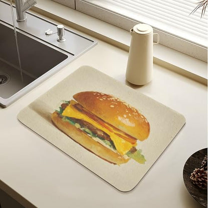 Burger Cheese Lettuce Beige Dish Drying Mat for Kitchen Counter Highly Absorbent Coffee Bar Mat Heat Resistant Dish Rack Pad for Sink Utensils Draining Racks 15.7" x 11.8" - size: 15.7x11.8inch