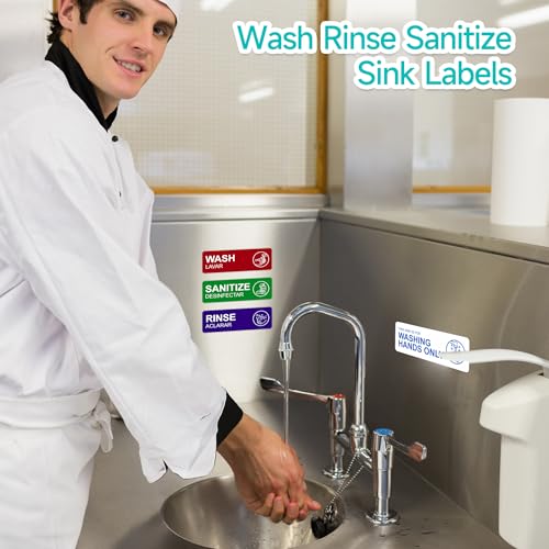 5PCS Wash Rinse Sanitize Sink Labels Sign, Self-Adhesive Waterproof Employees Must Wash Hands Stickers for Business，Restaurant Supplies for Wash Station, Commercial Kitchens, Restaurant, Food Trucks, Dish Washing (9"×3") - color: wash rinse sanitize sink