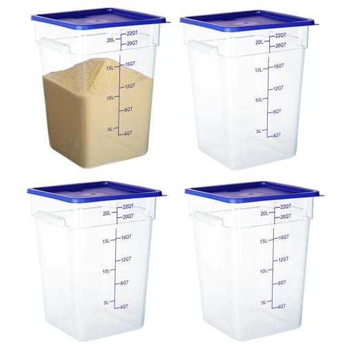 BIEAMA 4 Pack Food Storage Containers, 22 Quart with Lids, Square Commercial Containers with Scale, NSF, Polycarbonate, Clear - color: 22Qt-4 Pack(Blue Lids)