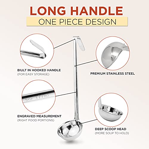 Fit Meal Prep [2 Pack] Stainless Steel Soup Ladle - One-Piece Sauce Spatula with Hook Handles, Commercial Grade Serving Spoon, Kitchen Tool for Restaurant or Home Cooking, Mirror Finish, 14.25" Long - size: 6 oz