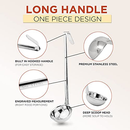 Fit Meal Prep [2 Pack] Stainless Steel Soup Ladle - One-Piece Sauce Spatula with Hook Handles, Commercial Grade Serving Spoon, Kitchen Tool for Restaurant or Home Cooking, Mirror Finish, 14.25" Long - size: 6 oz