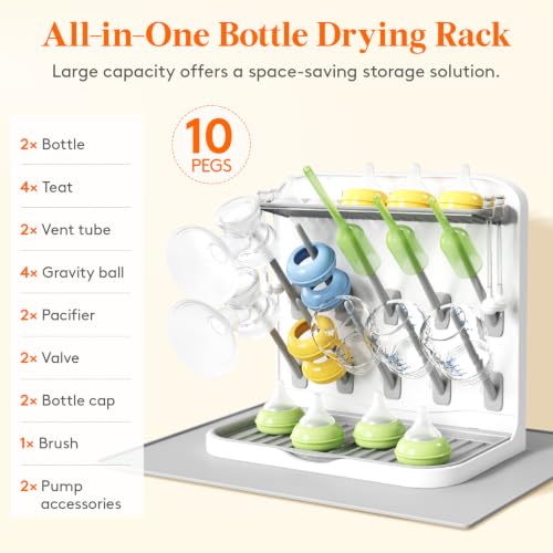 Lifewit Baby Bottle Drying Rack with Drain Mat & 10 Hooks, Newborn Essentials Must Haves, Bottle Storage Organizer for Countertop, Cabinet, Rack Dryer Holder for Pacifiers, Pump Parts, Baby Stuff - size: Medium-10 Hooks