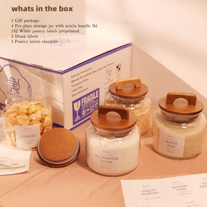 4 Pack Glass Pantry Storage Containers with 132 Pantry Labels - 37 FL OZ Kitchen Glass Canisters with Bamboo Airtight Lids - Farmhouse Glass Pantry Jars for Cookie, Rice, Pasta, Cereal, Bath Salt - size: 37OZ-4PACK