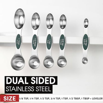 Spring Chef Stainless Steel Magnetic Measuring Spoons Set of 8 with Leveler, Stackable Magnetic Teaspoon & Tablespoon Set, Metal Kitchen Gadgets for Baking & Cooking, Fits in Spice Jars - Pine Green - color: Pine Green, size: 1-Pack