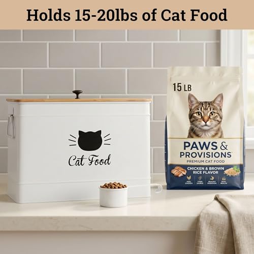 Cat Food Storage Container with Scoop - 15 lb (50 Cup) Capacity Metal Cat Food Container with Airtight Bamboo Lid & Metal Scoop - Airtight Pet Food Storage Containers - 15 lb Treats & Kibble Container - color: White