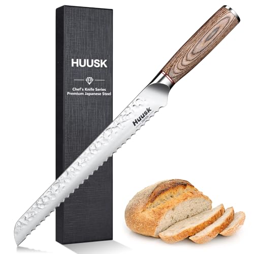 Huusk Japanese Sourdough Bread Knife - 10" Sharp Bread Slicing Knife for Homemade Cake Toast Bagel, Stainless Serrated Long Knives for Fruit Vegetable Watermelon, Gift Idea for Men Women Baking Lover