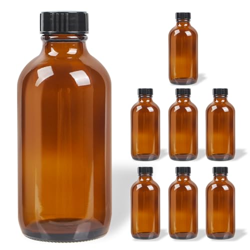 8 Pack 4 oz Amber Glass Bottles with Black Caps, Boston Round Bottles for Homemade Vanilla Extract, Essential Oils, Syrup, Juice, Leakproof Empty Containers for Holiday Gifts & Liquids