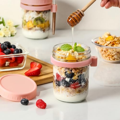 LANDNEOO 4 Pack Overnight Oats Containers with Lids and Spoons, 16 oz Glass Mason Jars with Airtight Lids, Overnight Oats Jars for Milk, Cereal, Fruit-Pink - color: Pink