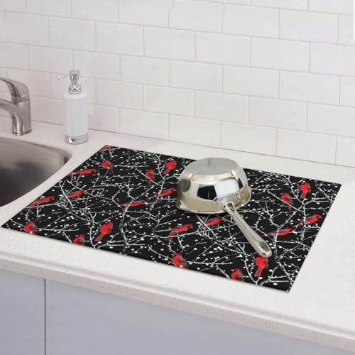 Red Bird Winter Red Cardinals Dish Drying Mat For Kitchen Counter, Super Absorbent Microfiber Dish Drying Pad, Kitchen Gadgets For Easy Clean Multi-Use Large 18"x24" - color: Red Bird Winter Red Cardinals