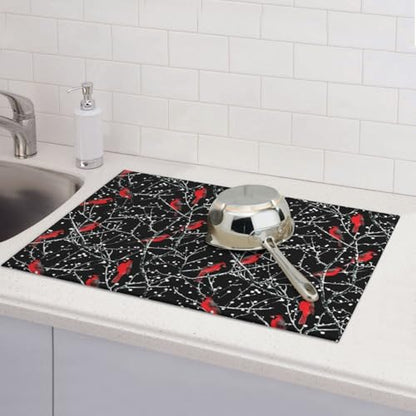 Red Bird Winter Red Cardinals Dish Drying Mat For Kitchen Counter, Super Absorbent Microfiber Dish Drying Pad, Kitchen Gadgets For Easy Clean Multi-Use Large 18"x24" - color: Red Bird Winter Red Cardinals