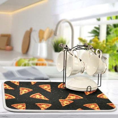 Dish Drying Mat for Kitchen Counter Pizza Cheese Black Absorbent Drying Dish Mat 18×24 inch Dish Rack Pad Coffee Mat for Sink Dishes Under Rack - size: 18x24in