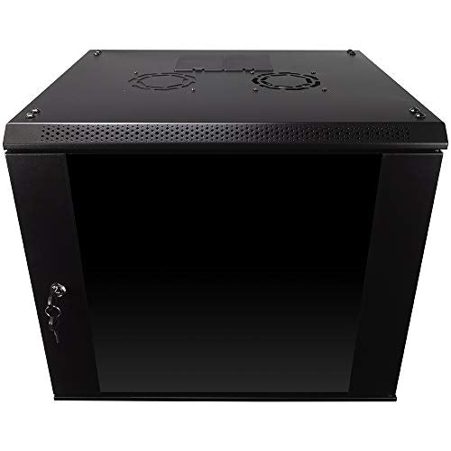 NavePoint 9U Server Rack Enclosure with Glass Door, Cooling Fan, Locks, & Removable Side Panels - 9U Wall Mount Network Cabinet 19 Inch Rack 17.7 Inches Deep - size: 9U