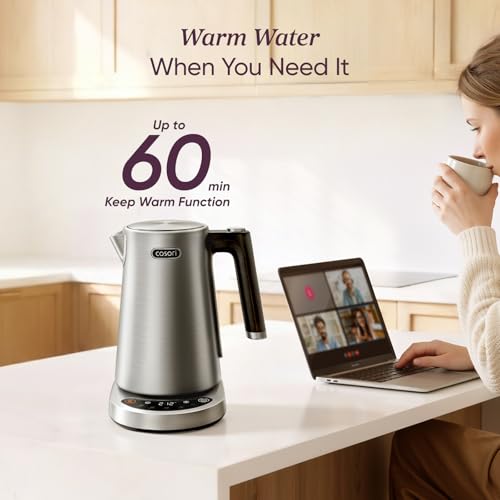 Cosori Stainless Steel Electric Kettle with Temperature Control, 1.7L | No Plastic Contact with Water, 5 Presets, ±5°F Temp Control, 60-Min Keep Warm, Dual Lid Opening, Tea, Coffee & Hot Water