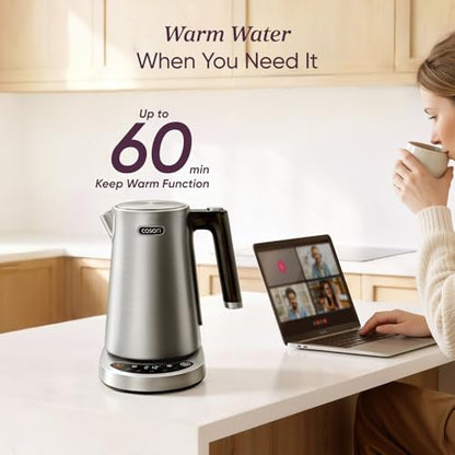 Cosori Stainless Steel Electric Kettle with Temperature Control, 1.7L | No Plastic Contact with Water, 5 Presets, ±5°F Temp Control, 60-Min Keep Warm, Dual Lid Opening, Tea, Coffee & Hot Water