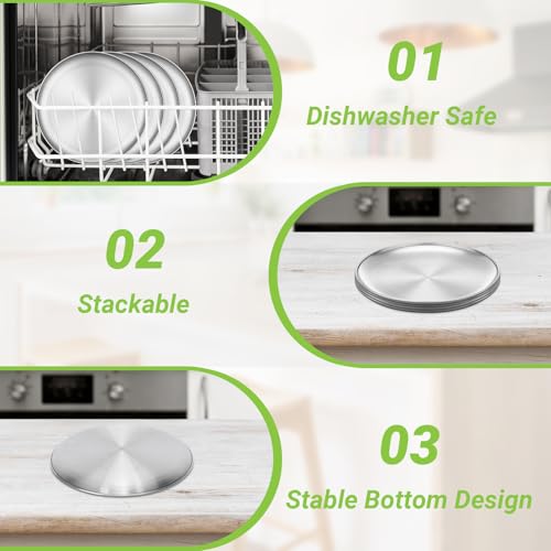 Metal Camping Plates, 4 Pack 9.1 inch Small 201 Stainless Steel Plates, Reusable Pizza Food Serving Snack Eating Salad Dishes Round Shatterproof Brushed Finish Silver Dish Oven Dishwasher Safe - size: 9.1"