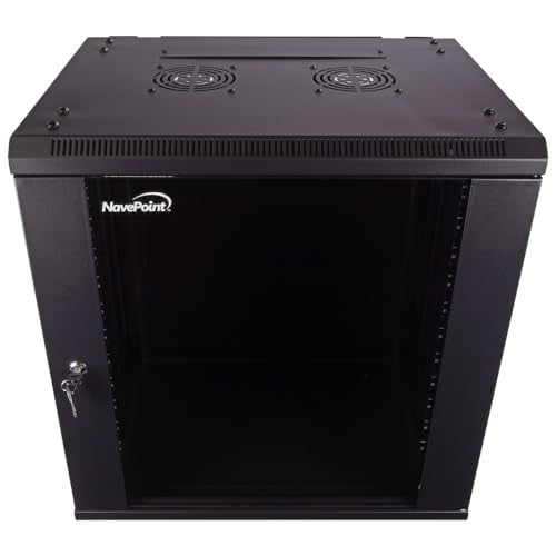 NavePoint 12U Server Cabinet Wall Mount Rack Enclosure Includes 2 Fans, Locking Glass Door, Removable Side Panels – 12U Network Cabinet 17.7” Deep, 19 Inch Server Rack for IT and A/V Equipment - size: 12U - 450mm Depth