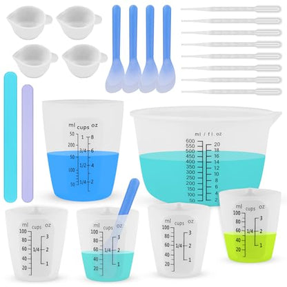 Silicone Resin Mixing Measuring Cups for Resin Supplies, Easy-to-read Marks, 600ml/20oz Bowl, 250&100ml Thickened Reusable Silicone Cups for Epoxy Mixing, with Stir Sticks, Jewelry Making - size: 600+250+4*100ml (Black Marks)
