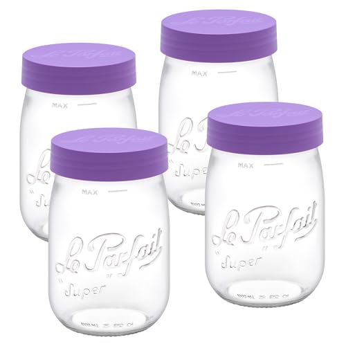 Le Parfait Eco-Friendly Zero Waste Wide Mouth Glass Jar with Airtight Screw Top Lid – Reusable French Storage Jar for Food, Soup, Flour, Sugar, Canning & Baking (1L/32oz, 4 Pack, Violet) - color: 1L-Violet (Set/4)