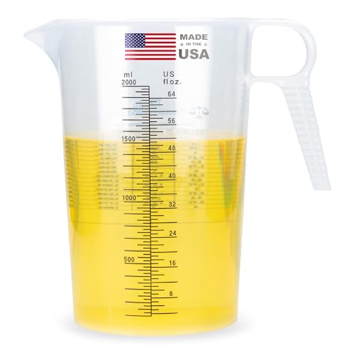 Half Gallon 64oz (2 quart) Measure Pitcher- Conversion Chart-Strong Food Grade - Resistant to Chemicals- Great for Lawn, Pool & Spa, Ag, Home Hobbies, Lye, Cooking, Shop Motor Oil Fluids Made In USA - size: 64oz