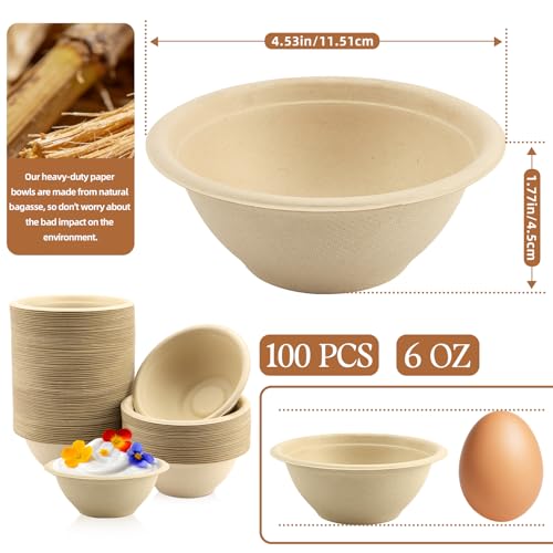 LeonBach 100 Pack 6oz Natural Bagasse Fiber Bowls, Small Disposable Paper Bowls Microwavable Safe Sample Snack Cups Charcuterie Serving Cups for Sauce Portion Condiment Ice Cream Desserts - color: Brown, style: 6oz-100 Pack