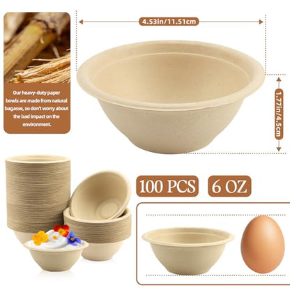 LeonBach 100 Pack 6oz Natural Bagasse Fiber Bowls, Small Disposable Paper Bowls Microwavable Safe Sample Snack Cups Charcuterie Serving Cups for Sauce Portion Condiment Ice Cream Desserts - color: Brown, style: 6oz-100 Pack