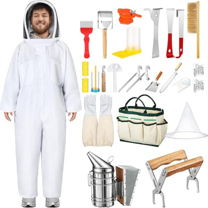 30 Pcs Beekeeping Starter Kit Bees Keeper Starting Kit All Bee Suit Gloves Hive Boxes Storage Bag Beekeeper Supplies Tools for Beekeepers Men Women(M) - size: M