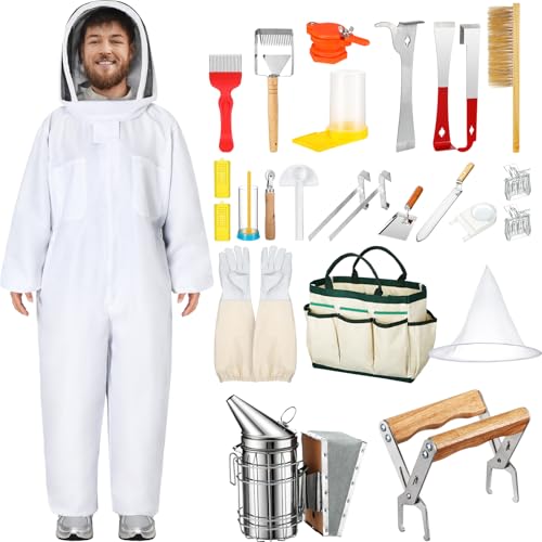 30 Pcs Beekeeping Starter Kit Bees Keeper Starting Kit All Bee Suit Gloves Hive Boxes Storage Bag Beekeeper Supplies Tools for Beekeepers Men Women(XXL) - size: XXL