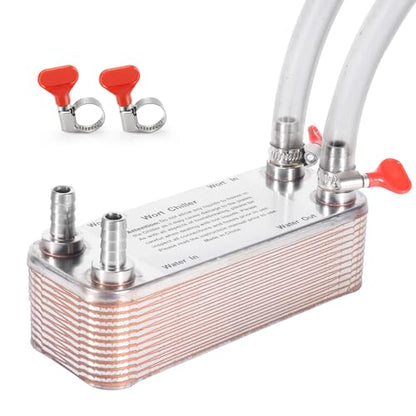 MRbrew Wort Chiller 20 Plates, 1/2 Barb Fitting Connection, Brazed Plate Copper Heat Exchanger for Homebrew, Stainless Steel 7.5" x 2.9" Plate, Hot Liquid Accelerated Cooler Quick Beer Cooling System