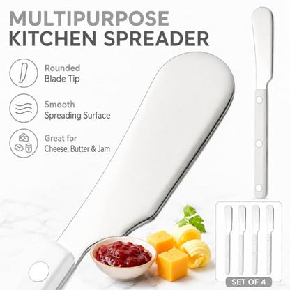 4PCS Stainless Steel Butter Knives Set: 6.3 Inch Cheese Spreader 304 Stainless Steel with Ergonomic Handle for Cheese, Butter & Jam (White) - color: White