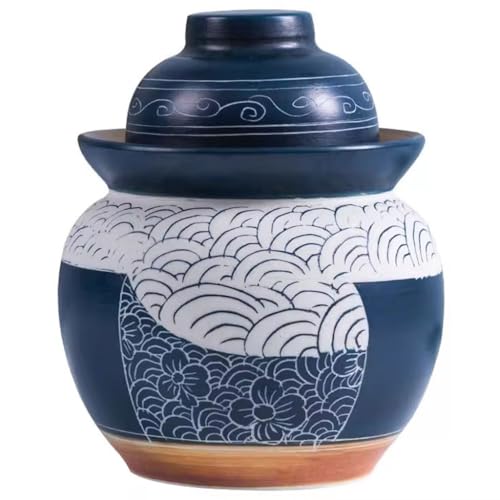 Japanese Style Flowers in The Clouds Kimchi Jar, Household Thickened Ceramic Pickling Crock, Water-Sealed Fermentation Tank, Handmade Desktop Ornaments(3.5kg/123.4oz) - size: 3.5kg/123.4oz