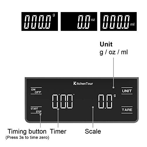 KitchenTour Coffee Scale with Timer 3kg/0.1g High Precision Pour Over Drip Espresso Scale with Back-Lit LCD Display (Batteries Included) - size: EK6002