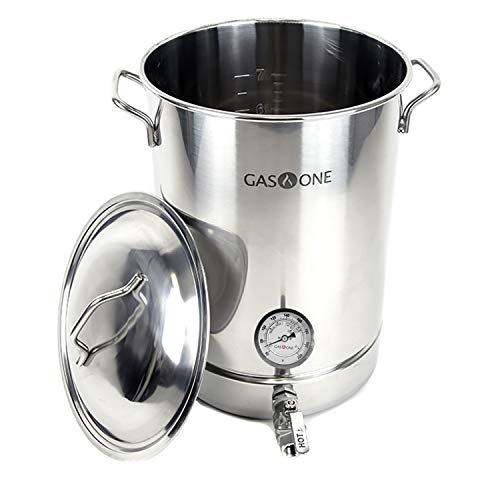 GasOne 8 Gallon Stainless Steel Home Brew Kettle Pot Pre Drilled 4 PC Set 32 Quart Tri Ply Bottom for Beer Brewing Includes Stainless Steel Lid, Thermometer, Ball Valve Spigot - Home Brewing Supplies - size: 32 Quarts