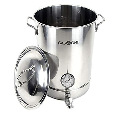 GasOne 8 Gallon Stainless Steel Home Brew Kettle Pot Pre Drilled 4 PC Set 32 Quart Tri Ply Bottom for Beer Brewing Includes Stainless Steel Lid, Thermometer, Ball Valve Spigot - Home Brewing Supplies - size: 32 Quarts
