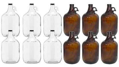 ICE N COLD 1 Gallon (128 oz) Clear Glass Jugs (Pack of 3) With 38mm Cap with 1 Gallon (128 oz) Amber Glass Jugs (Pack of 3) with Handle, Black Polyseal Lid & Cap - color: 6 Clear Jug & 6 Amber Jugs