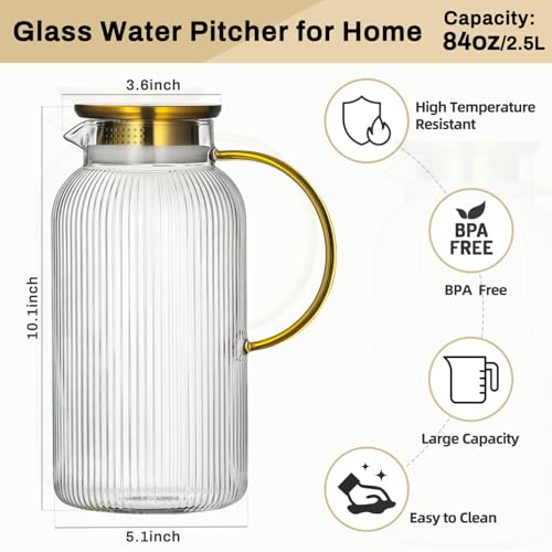 Buaic 2 PACK Glass Pitcher with Lid, 84oz/2.5L Liter Classic Vertical Stripes Water Pitcher,Glass Water Carafe for Cold Brew, Coffee, Lemonade, Iced Tea,Sun Tea, Beverage, Heat Resistant - color: Clear, size: 2.5L-2 PACK