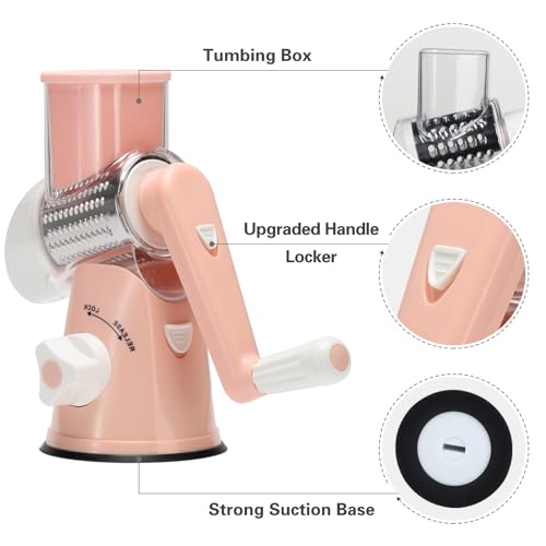 Cambom Rotary Cheese Grater Hand Crank Cheese Shredder for Fresh Cheese, Vegetable, Nuts,Non-slip Suction Base，Three Blades,Pink - color: Pink, size: 3 BLADES