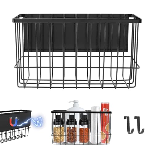 Magnetic Basket Organizers, Dryer Ball Holder Laundry Room Organization Whiteboard Metal Wire Basket with Hooks, Space-Saving Fridge Spice Rack for Sponge Recipe Wrap