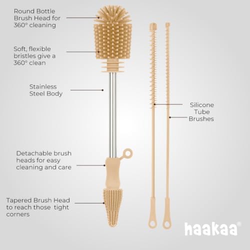 Haakaa Silicone Cleaning Brush Kit – Household Cleaning Brushes for Bottles and Crevices – Food-Grade Silicone: Dishwasher Safe (Brush-Champagne) - color: Brush-champagne