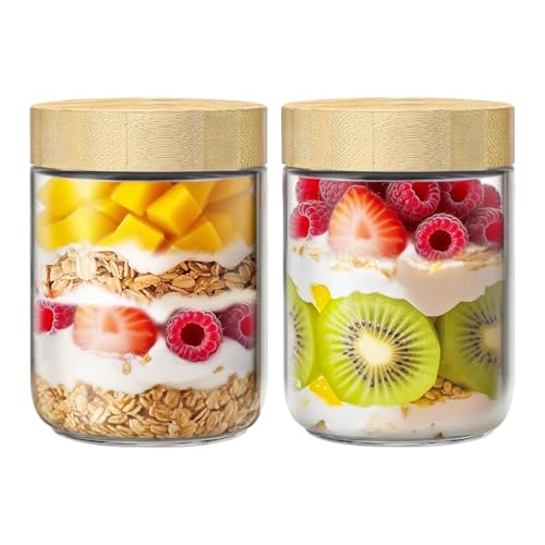 2 Pack 16oz Glass Jars with Bamboo Lids, Overnight Oats Containers with Airtight Lids, Storage Containers Wide Mouth Mason jars for Salad,Yogurt, Sugar, Snacks, Spices - color: 16OZ-2P