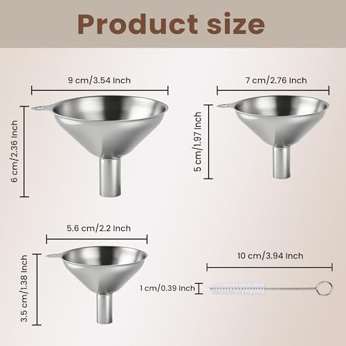 Supercenter Kitchen Funnel, Mini Funnel, Set of 3, Round Ring & Clean Brush | Stainless Steel,Perfect for Transferring Liquids, Oils, Powders, Spices
