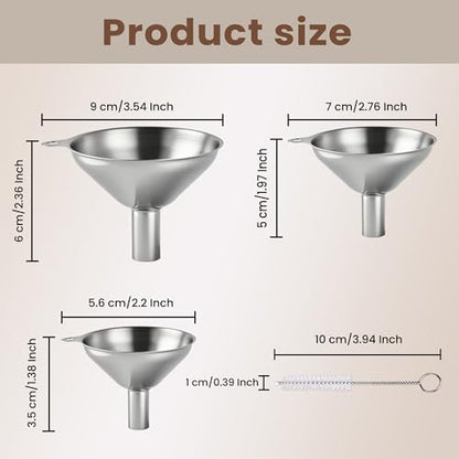 Supercenter Kitchen Funnel, Mini Funnel, Set of 3, Round Ring & Clean Brush | Stainless Steel,Perfect for Transferring Liquids, Oils, Powders, Spices