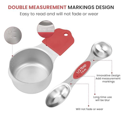 Magnetic Measuring Cups and Spoons Set-Heavy Duty 304 Stainless Steel，Double Measurement Markings，Set of 16 with Leveler for Measure Dry and Liquid Ingredients (Red) - color: Red