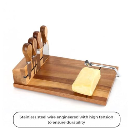 Cheese Slicer (11.7” x 9” x 3”) - Acacia Wood Board Cheese Cutter with Wire - 4 Magnetic Cheese Knife Set w/ Anti-Slip Board - Stainless Steel Cheese Slicers for Block Cheese w/ Replacement Wire